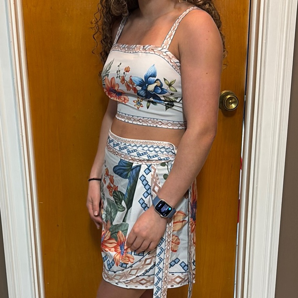 SHEIN White and Blue Mini Wrap Skirt Tie Front